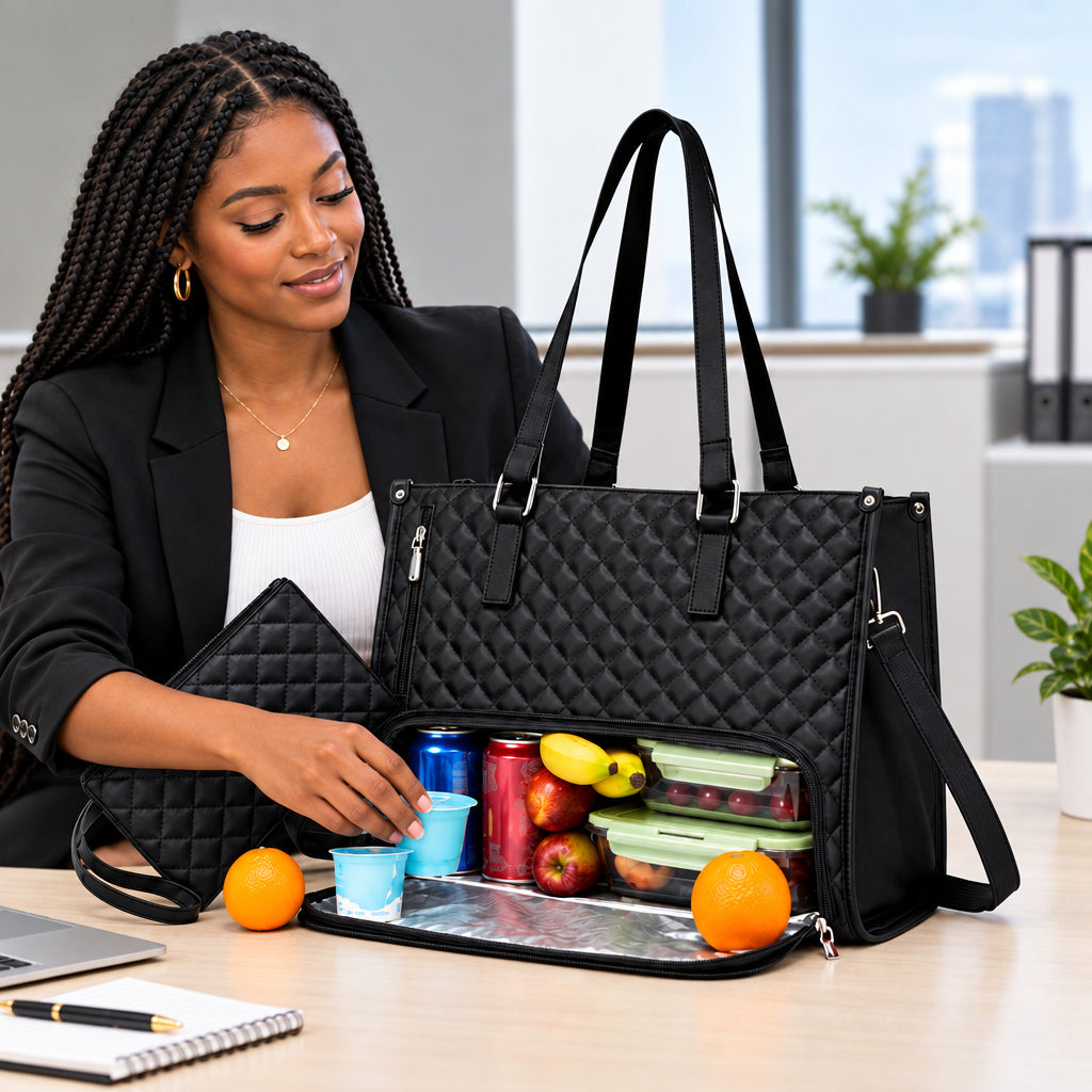 Quilted laptop tote bag with insulated lunch compartment and spacious interior.