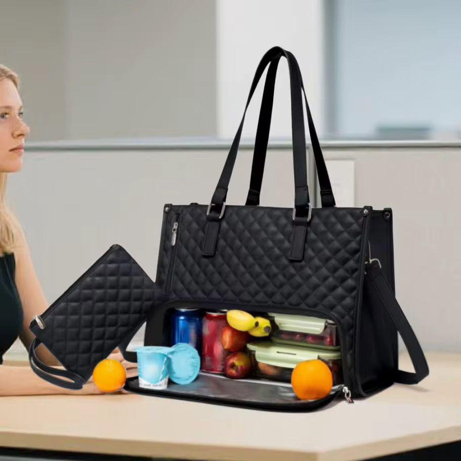 Quilted laptop tote bag with insulated lunch compartment and spacious interior.