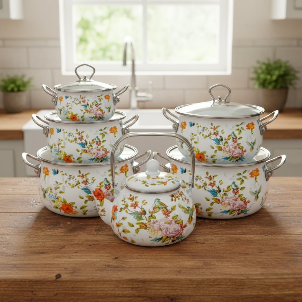 Enamel Cookware Set With 5 Casseroles And Kettle