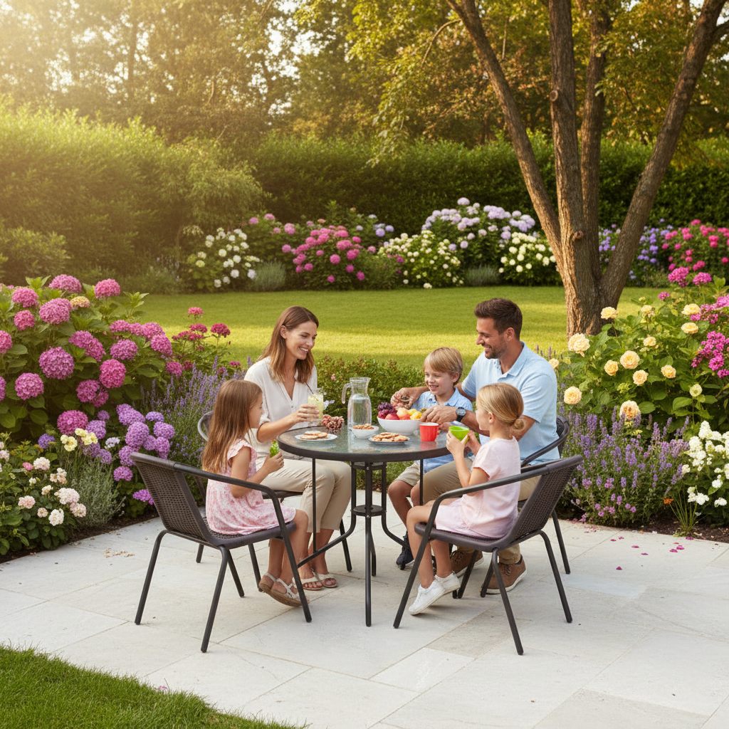 4 piece outdoor cafe dining set with round glass table and black rattan style stackable chairs for patio, garden, restaurant, and outdoor seating.