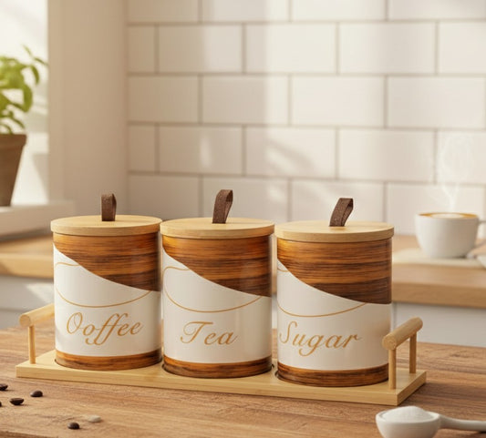 3 ceramic 500ml canisters with bamboo stand for kitchen organization