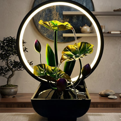 Tabletop water fountain with LED ring lights, 2 in 1 table lamp and decorative home fountain, 32x16x25cm.