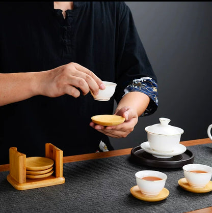 Elegant bamboo coaster set with holder stand for protecting tables from stains and heat