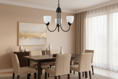 Triple arm ceiling pendant light with frosted glass shades, black and white E27 decorative indoor fixture