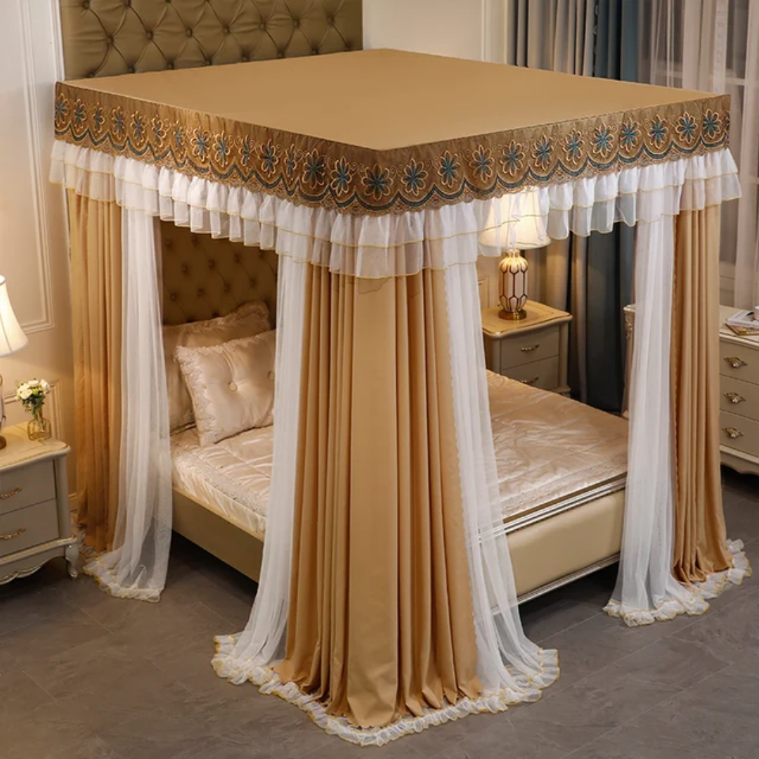 Canopy 4 Stand Bed with Decorative Bed Curtain 6 × 6 ft
