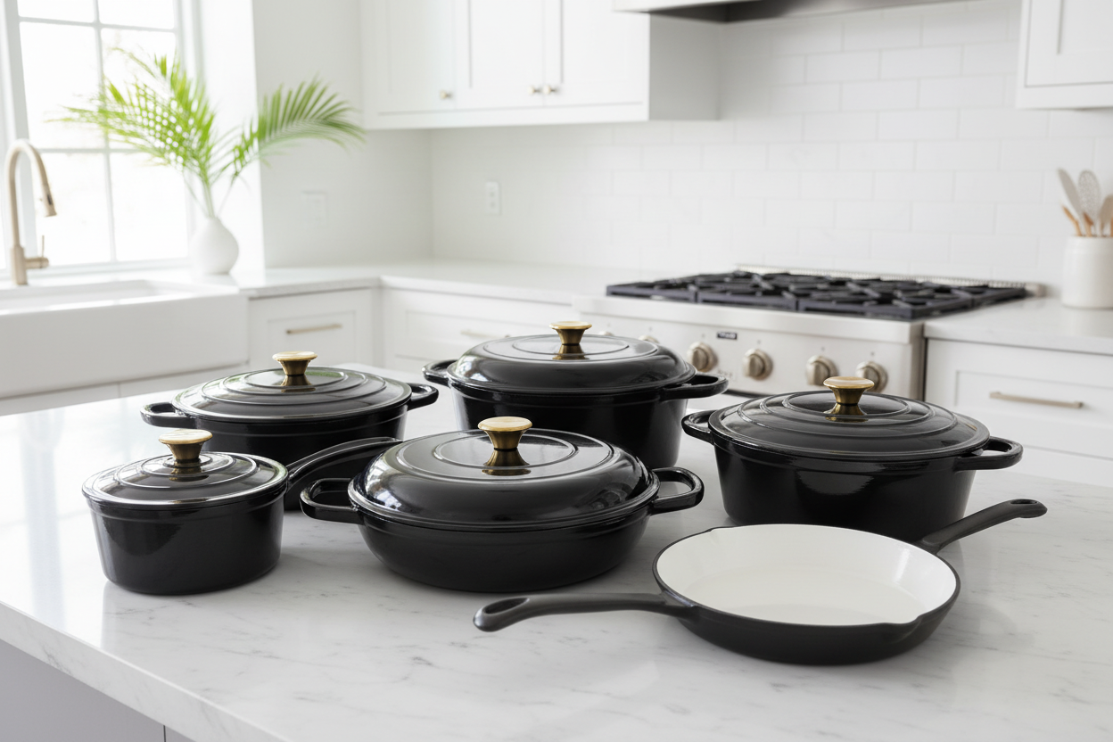 Enamel cast iron cookware set with casserole pots, frying pan, grill pan, and baking tray in green and black