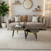A modern living room setup featuring a beige fabric sofa with neutral throw pillows, two round nesting coffee tables with dark stone tops and gold/brass legs, a textured cream area rug, and a large potted green plant against a warm off-white wall.
