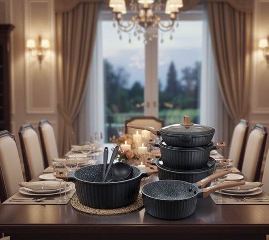 12-pcs Granite cookware set in cream white, black, and dark maroon.