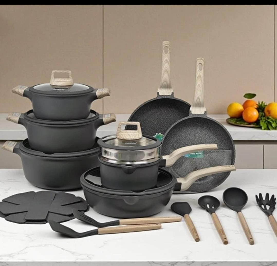 22 piece grey DONNOR RELLY granite nonstick cookware set with pots, pans, lids, and silicone utensils