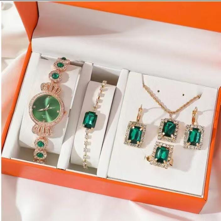 Five piece ladies watch gift set with matching bracelet, necklace, ring, and earrings in gift packaging