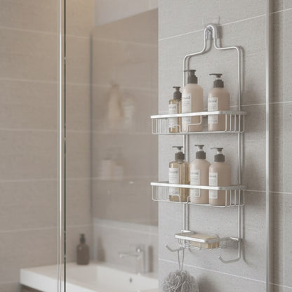 Aluminum wall-mounted partitioned shower caddy