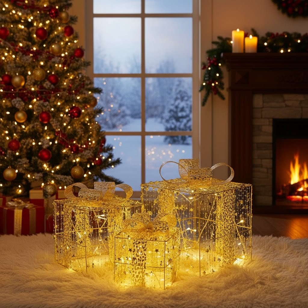 3pc Christmas Decoration Gift Box With Lights