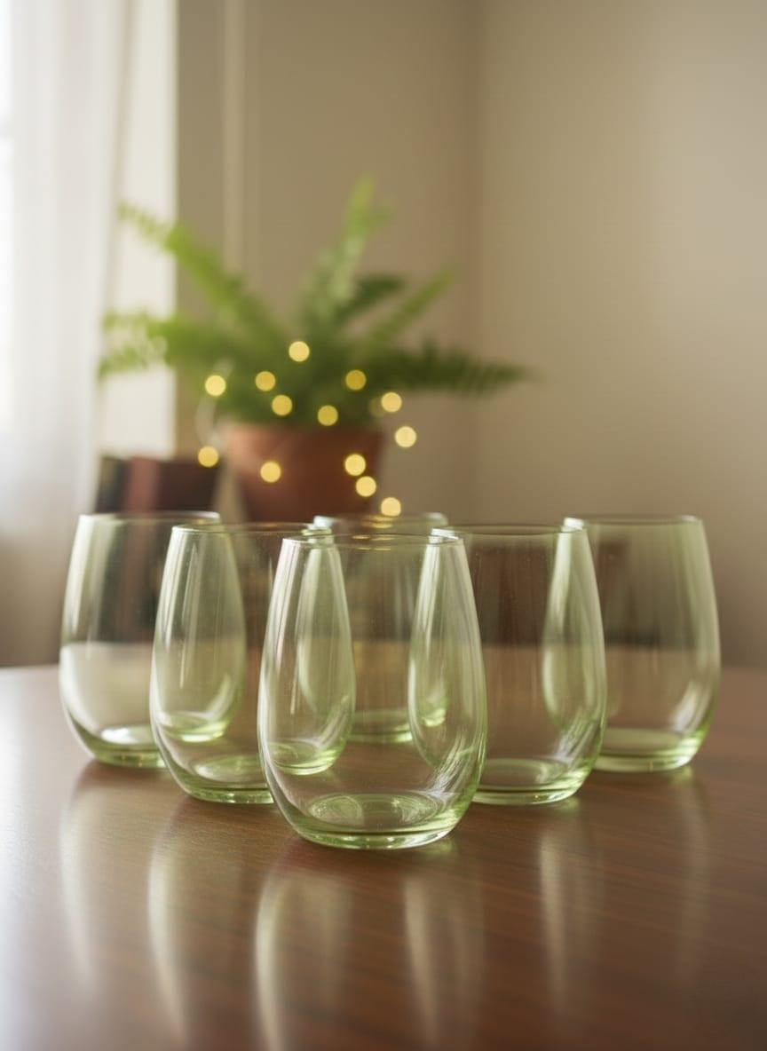 Set of six green oval glasses with 450ml capacity for serving beverages.