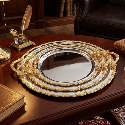 3pcs Round Gold Plated Serving Tray Set