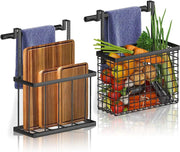 Two-piece over-the-cabinet door organizer with towel rack.