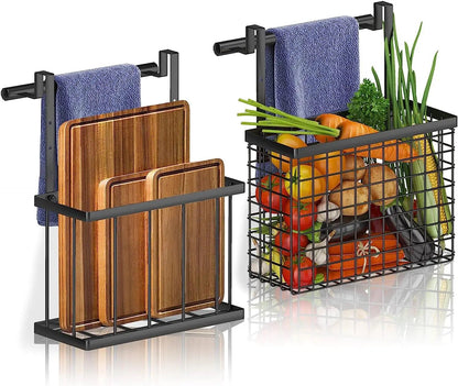 Two-piece over-the-cabinet door organizer with towel rack.