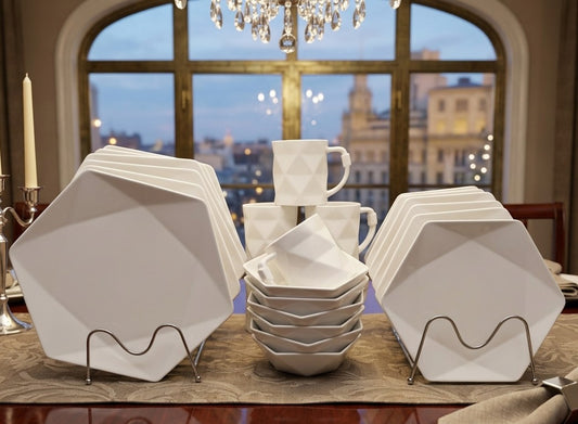 24-piece hexagonal dinner set with plates, bowls, mugs, and side plates, modern dining collection for home use