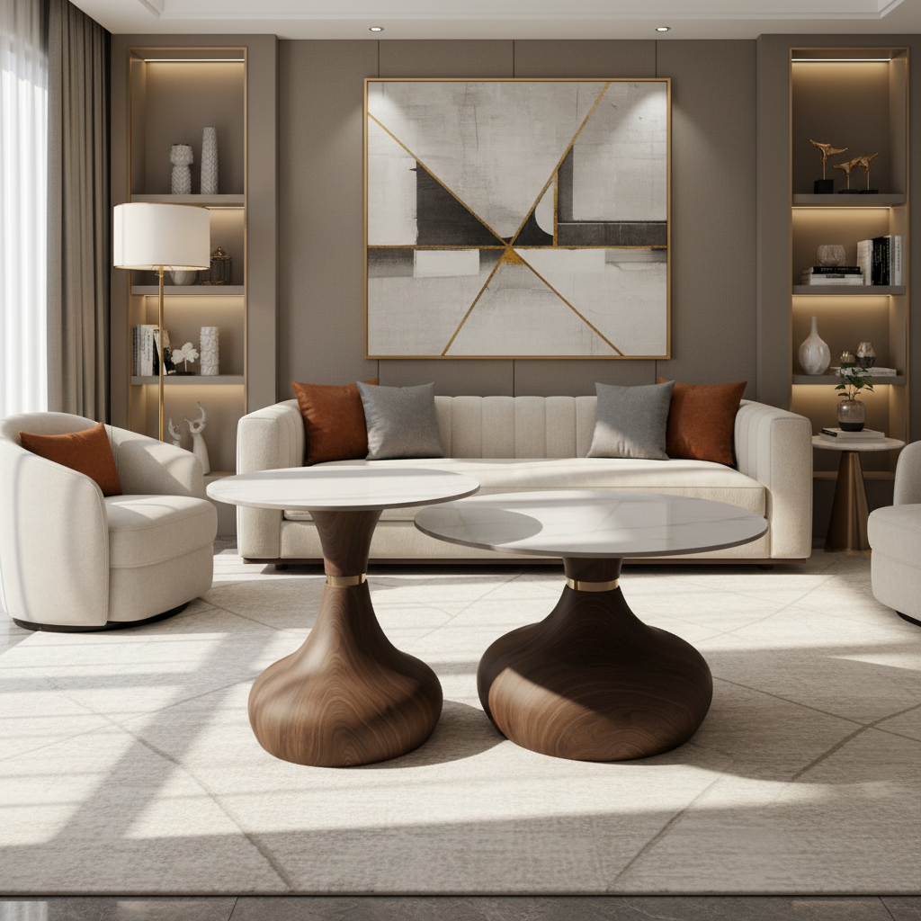 Marble Top Nesting Coffee Table Set with Brown Finish Metal Base