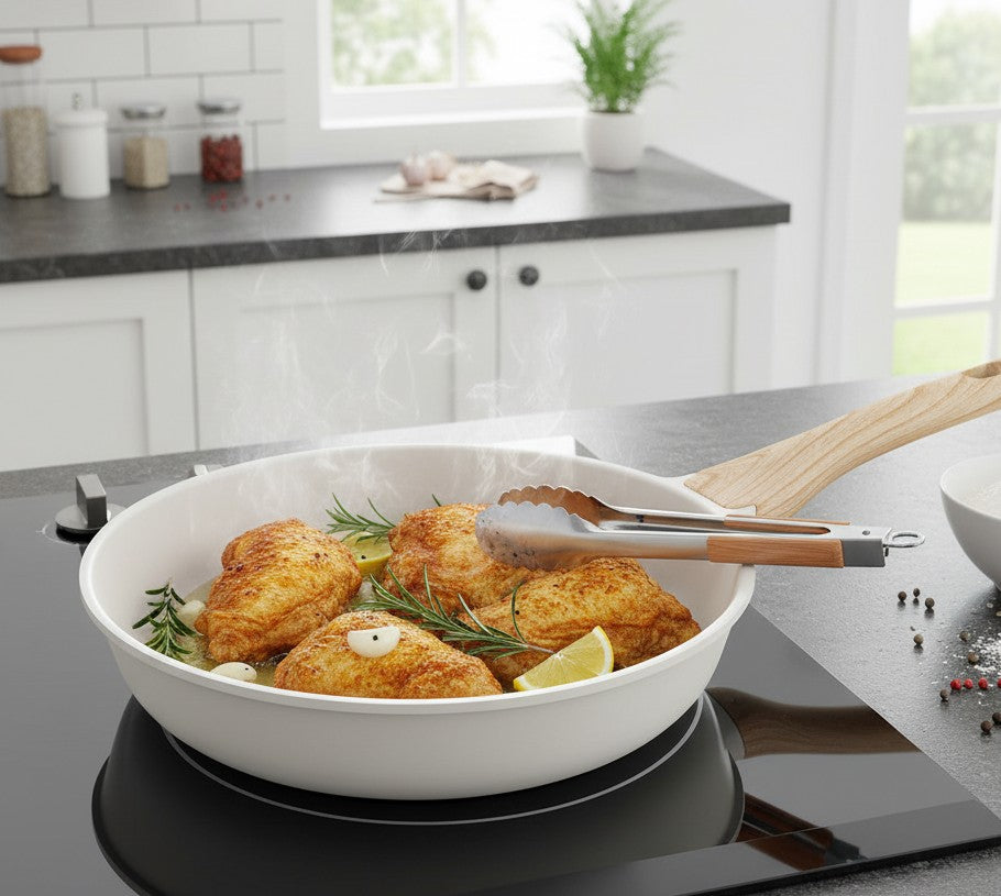 28cm granite non-stick frying pan with wood-effect handle, available in black and beige