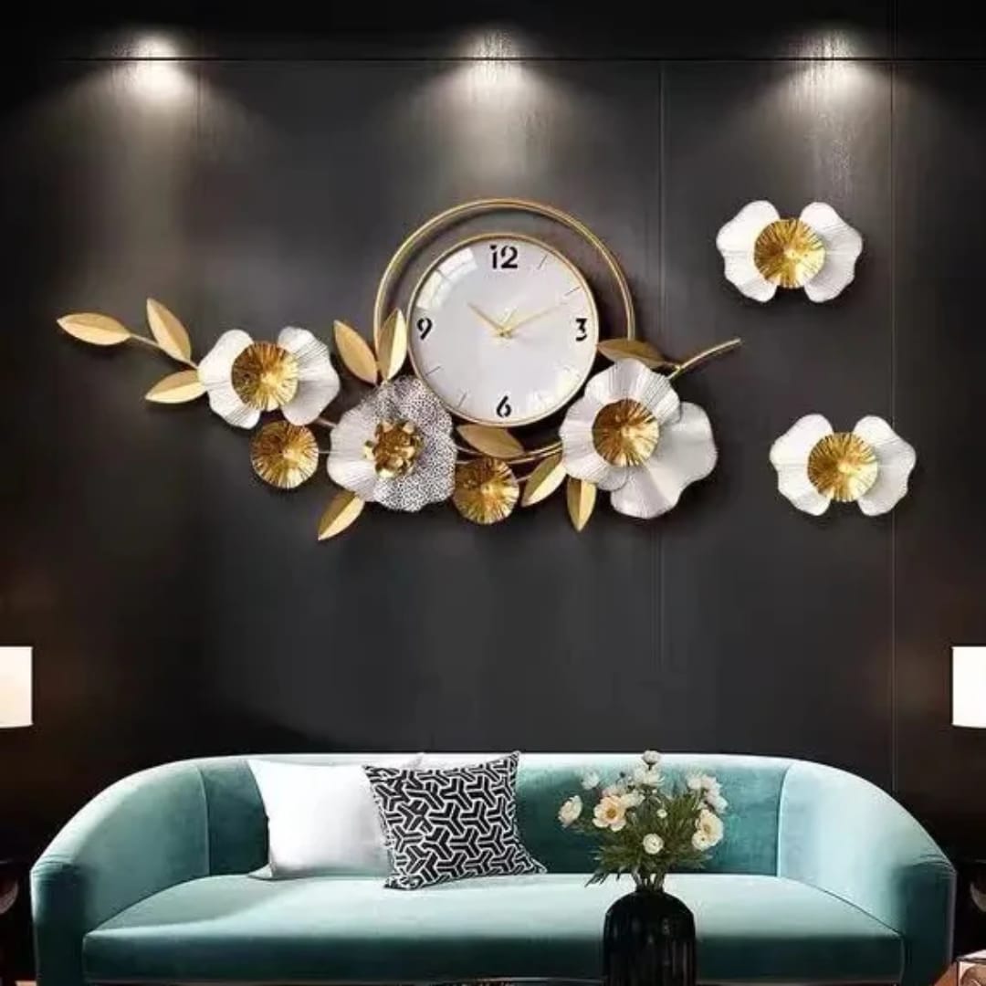 Wrought iron ginkgo leaf wall clock with silent non-ticking movement, elegant decorative timepiece for home or office. 