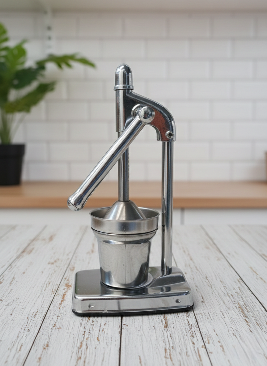 Manual fruit juicer for oranges, lemons, limes, grapes, and other fruits.