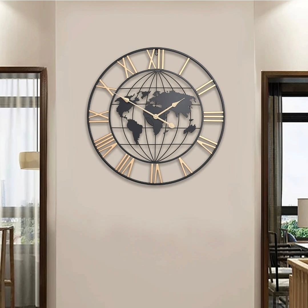 60cm Roman Numerals Metallic World Map Wall Clock