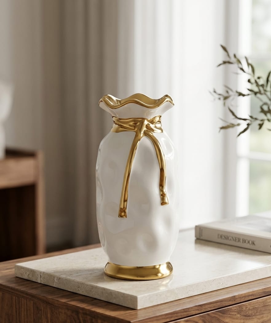 Luxury ceramic vase with gold detailing and glossy finish for modern home décor