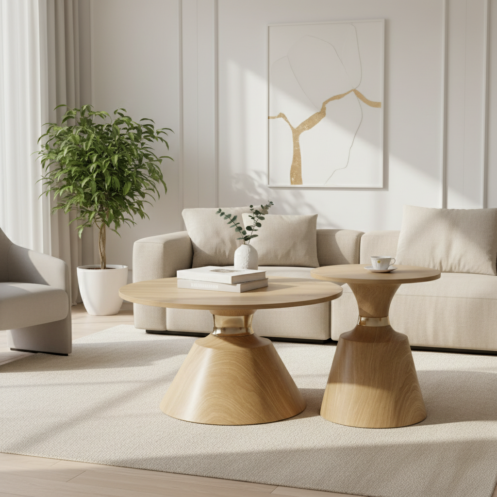 Dawood Lifestyle & Gadgets kes 2-piece round nesting coffee table set with light oak wood top, cone pedestal base, and gold aluminium ring accent for modern Scandinavian living room décor.