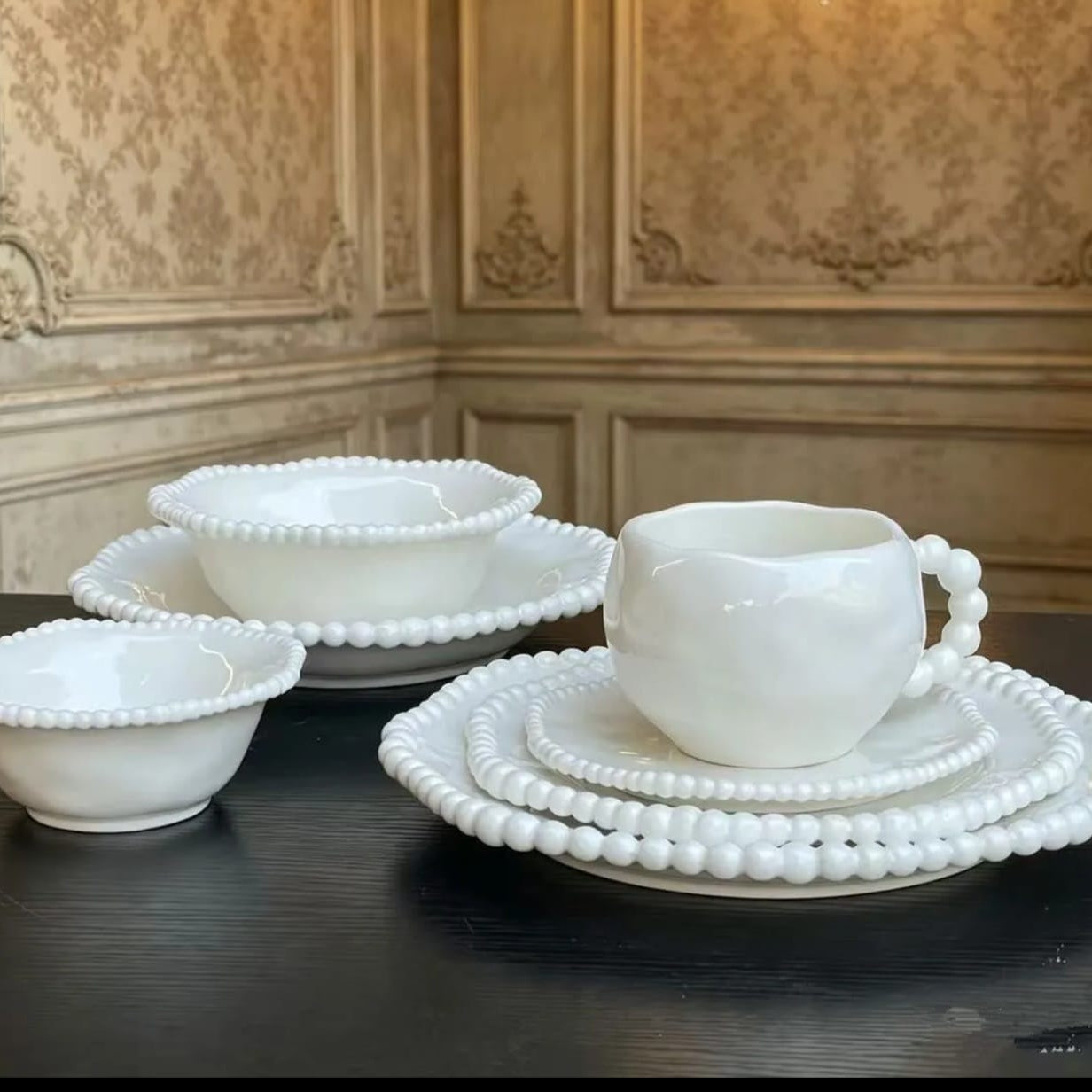 36 Piece Pearl Rim White Ceramic Dinnerware Set