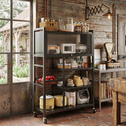 Heavy duty kitchen cabinet with wheels, dust proof microwave section, and storage shelves in black and white. 