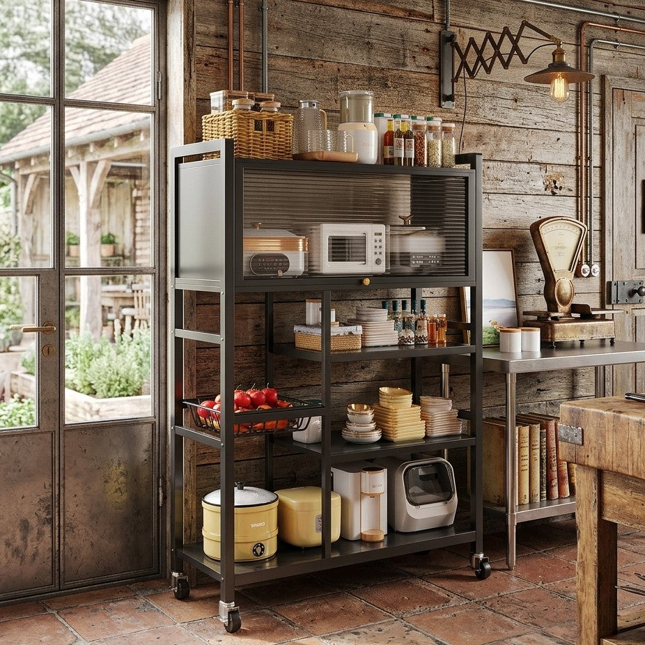 Heavy duty kitchen cabinet with wheels, dust proof microwave section, and storage shelves in black and white. 