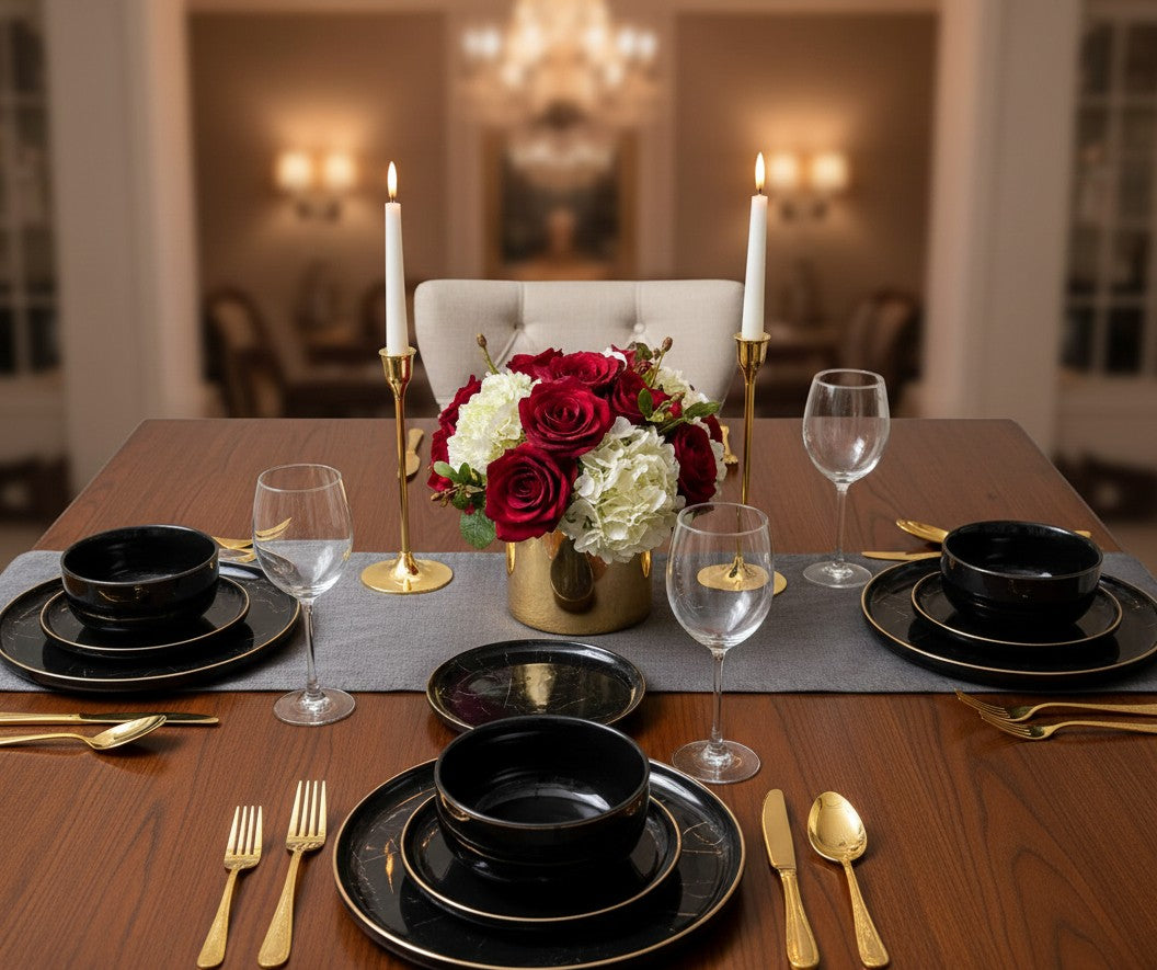 24-piece black and gold European porcelain dinner set with plates and bowls