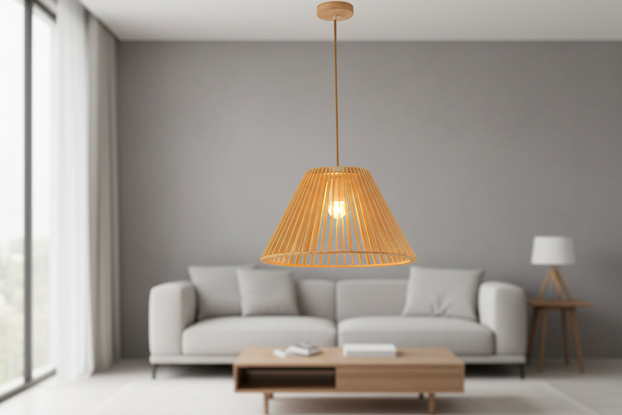 Large wood finish pendant ceiling lamp with E27 holder and hanging cord for indoor lighting