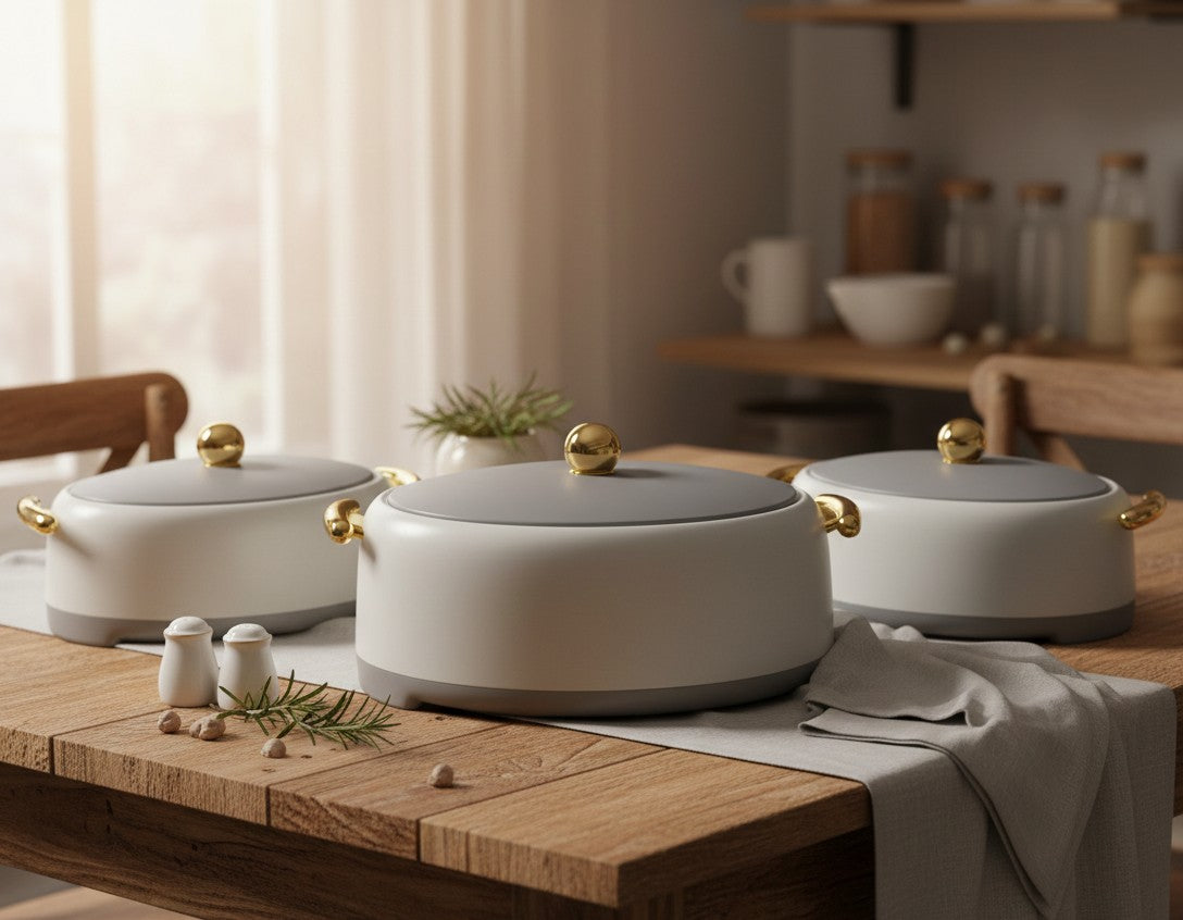 Set of three Forever Gold insulated hotpots in 2L, 2.5L, and 3.0L capacities for keeping food hot and fresh