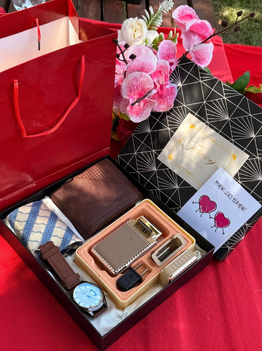 Valentines men gift set with watch, 3 in 1 shaver, tie, wallet, card, and gift bag