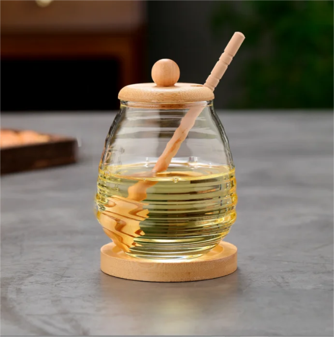 Honey Jar with Bamboo Dipper and Lid