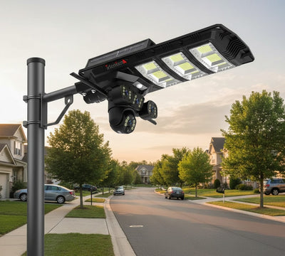 1000W solar powered street light with integrated 4G AI PTZ triple camera system for outdoor security and monitoring