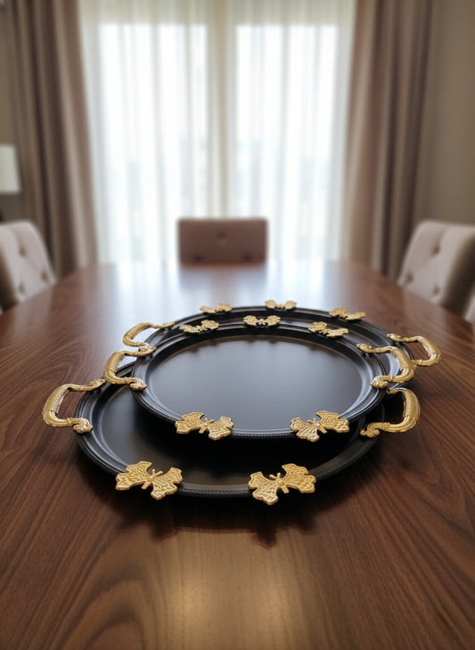 Set of 3 high-quality stainless steel serving trays with gold handles for home decor and serving food.