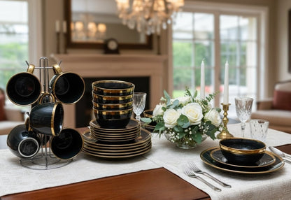 24-piece black with gold ring ceramic dinner set with plates, bowls, and cups