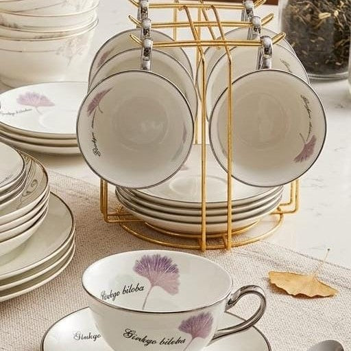 Bone China Cup and Saucer Set with Gold Stand