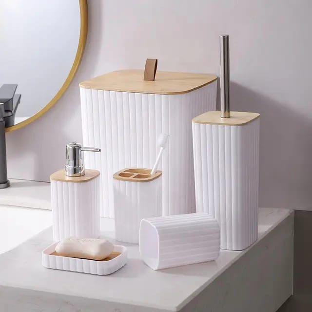 6in1 Bathroom Accessories Set with Wooden Top