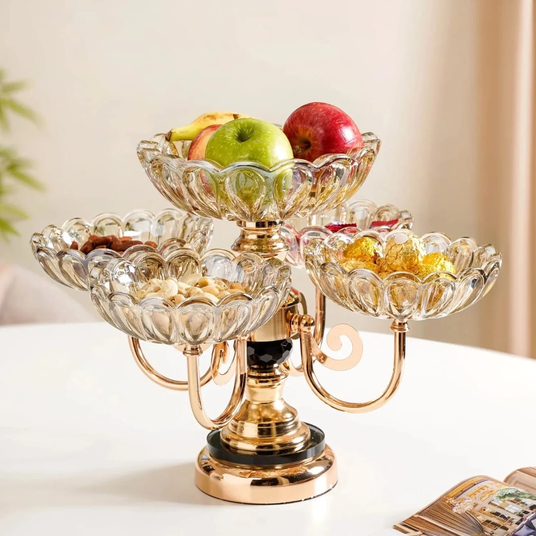Crystal glass fruit plate with metal stand, elegant serving bowl for fruits, snacks, or decorative display