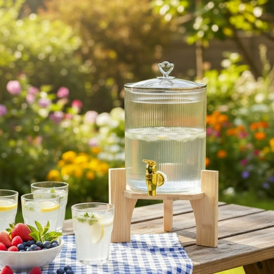Ribbed glass juice dispenser with bamboo stand
