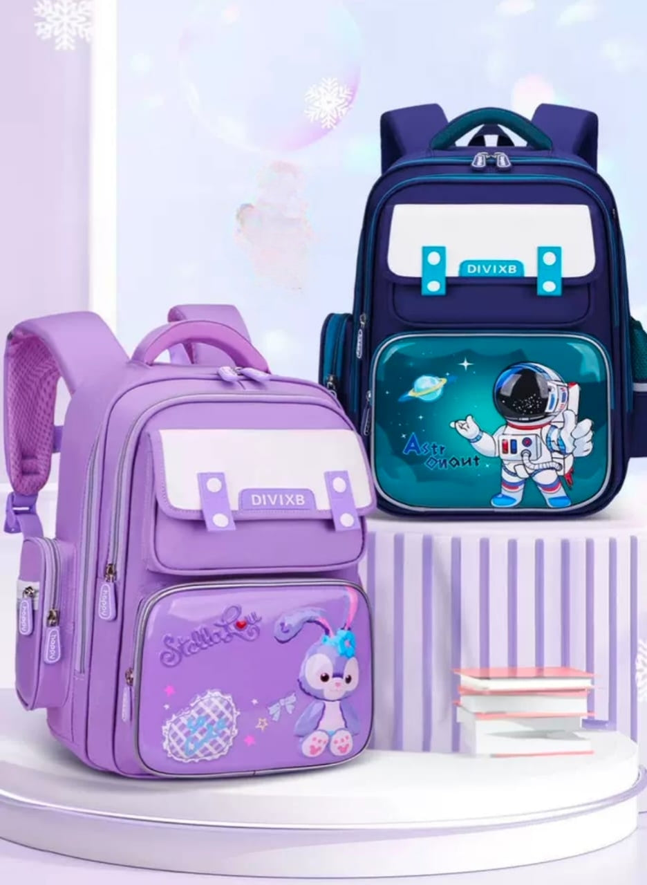Orthopedic children school bag with spine protection and back support in blue, green, and purple colors
