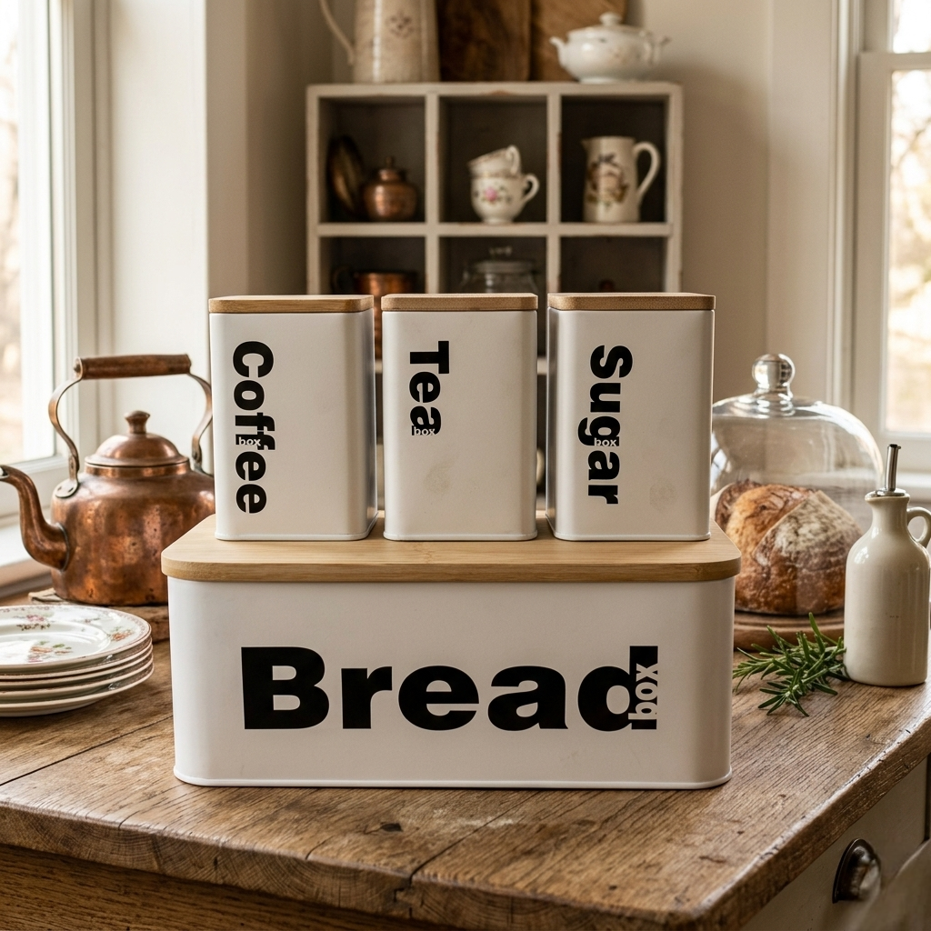 White bread bin with three canisters and bamboo lids for kitchen storage