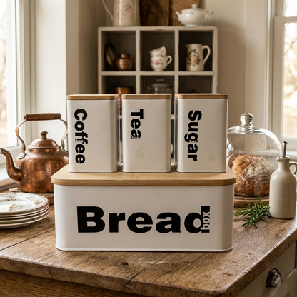 White bread bin with three canisters and bamboo lids for kitchen storage