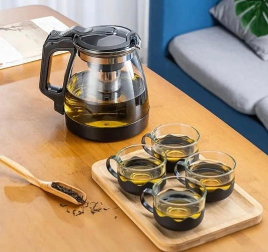 5-piece transparent heat-resistant glass infuser tea set with black accents, including one 1000ml kettle and four 150ml mugs