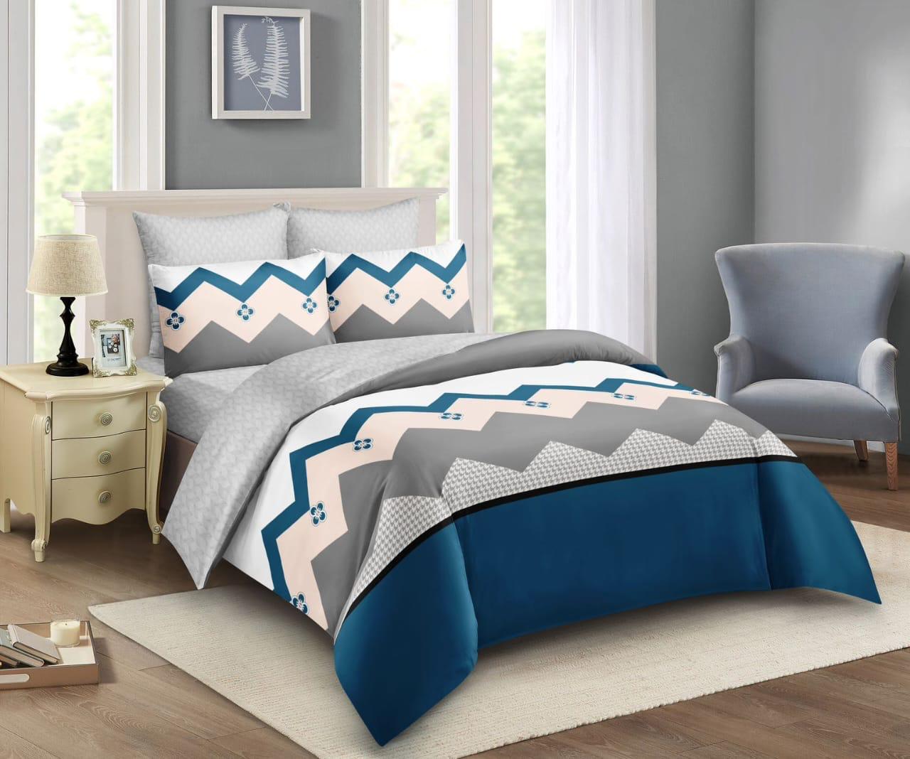 Binded cotton duvet set for a 5by6 bed with bedsheet and pillowcases.
