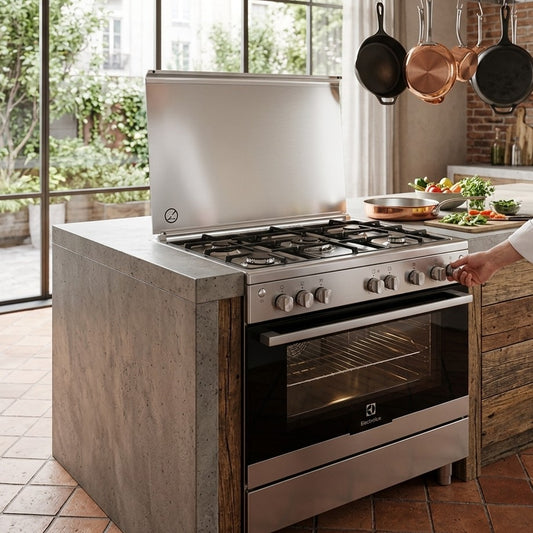 Electrolux 90x60cm free standing gas cooker with 5 burners and 102L oven in stainless steel finish for modern kitchen cooking.