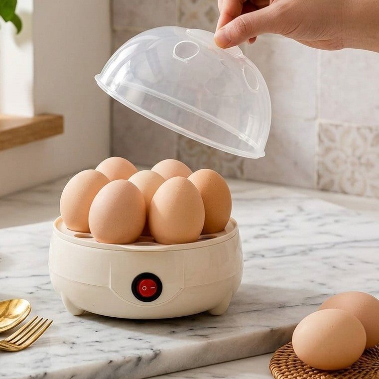 Electric egg boiler with stainless steel heating plate and 7 egg capacity for quick cooking.